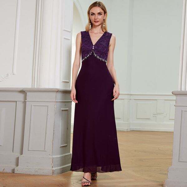 

Lace Bodice Backless Rhinestone Detail Prom Dress, Purple