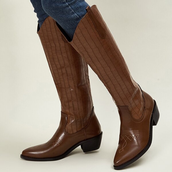 

Croc Embossed Chunky Heeled Boots, Brown