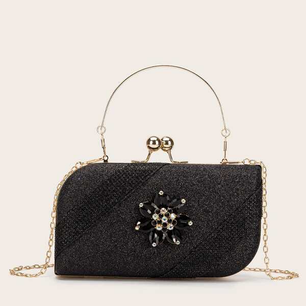 

Rhinestone & Glitter Decor Kiss Lock Box Bag, Black