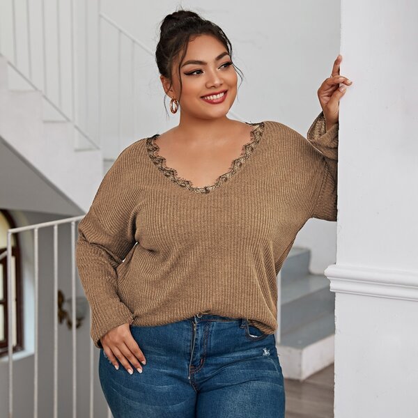 

Plus Drop Shoulder Lace Trim Tee, Camel