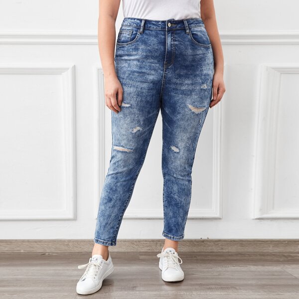 

Plus High Waist Ripped Skinny Jeans, Medium wash