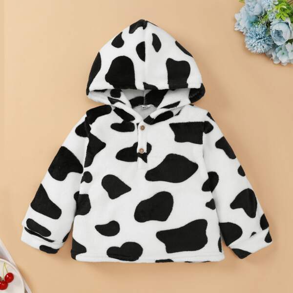 

Toddler Girl Cow Print Button Half Teddy Hoodie, Black and white