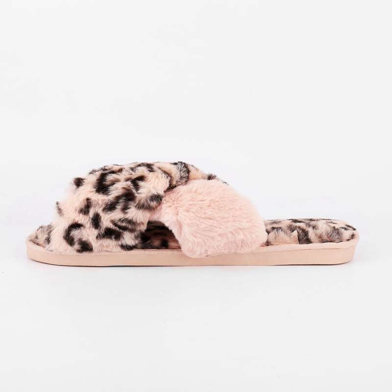 

Leopard Criss Cross Fluffy Slippers, Baby pink