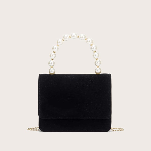 

Faux Pearl Decor Flap Clutch Bag, Black