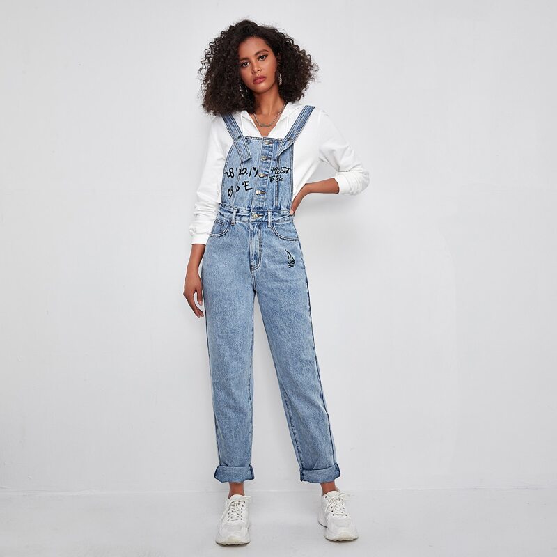 

Light Wash Letter Graphic Denim Overalls