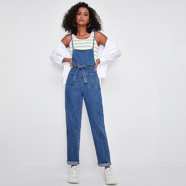 

Pocket Patched Tie Waist Denim Overalls, Medium wash