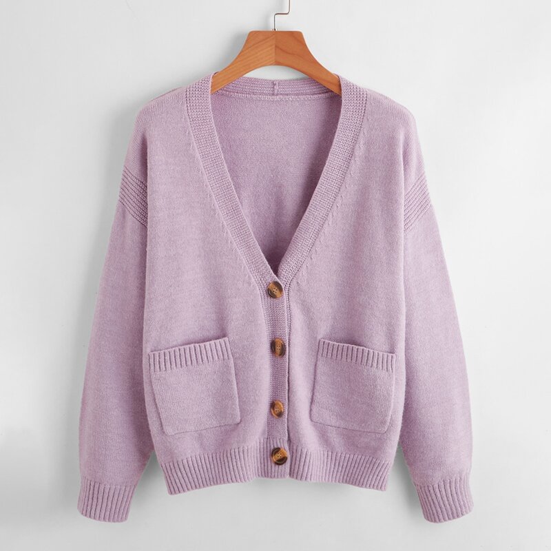 

Solid Button Front Pocket Cardigan, Lilac purple