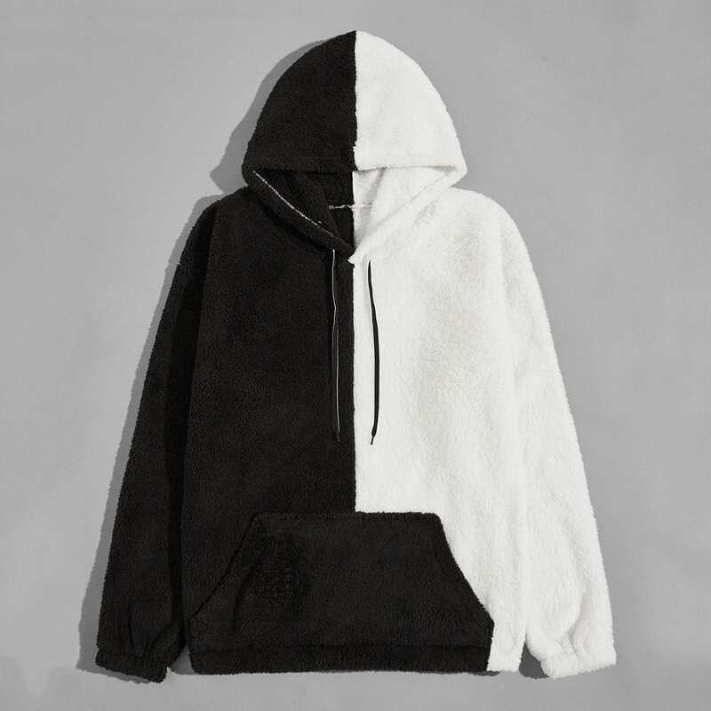 

Guys Colorblock Pocket Teddy Jacket, Black and white