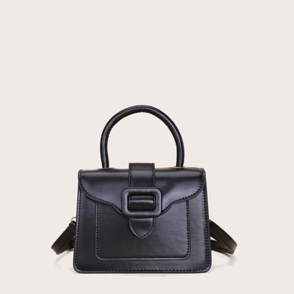 

Buckle Decor Flap Satchel Bag, Black
