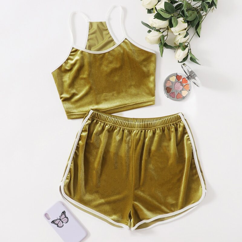 

Contrast Binding Velvet Lounge Set, Olive green