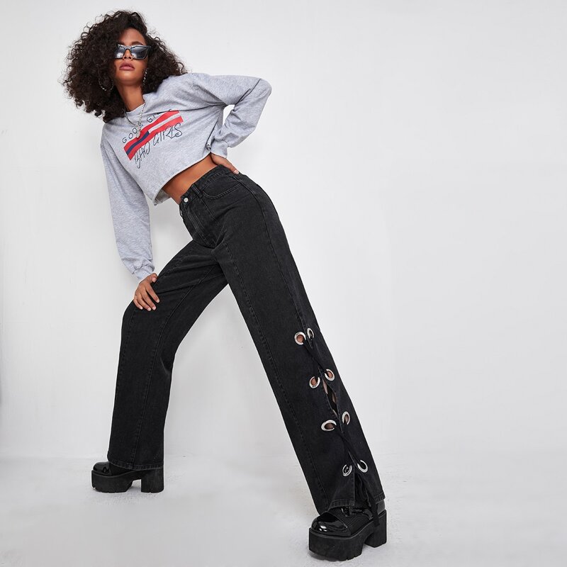 

High Waisted Lace Up Side Slant Pocket Jeans, Black