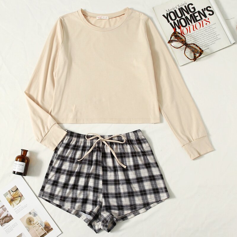 

Solid Top & Plaid Shorts PJ Set, Multicolor