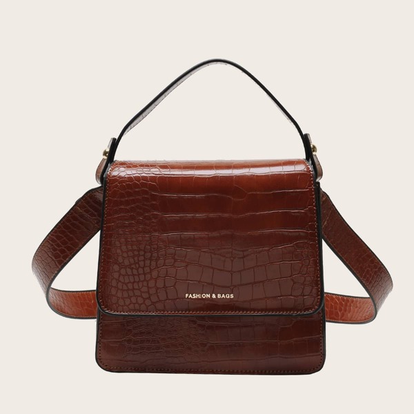 

Croc Embossed Flap Satchel Bag, Brown