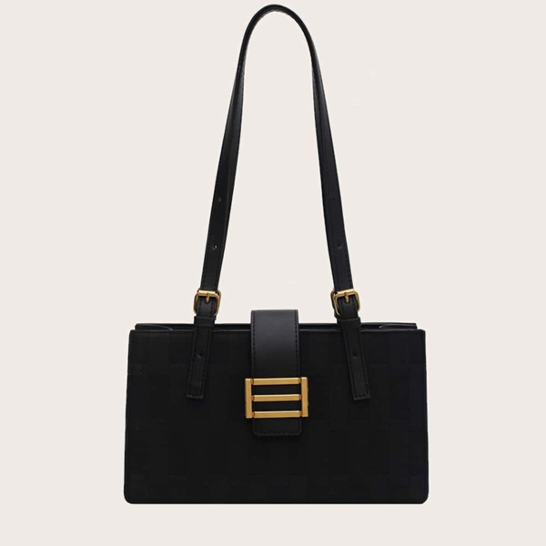 

Plaid Shoulder Bag With Double Handle, Black