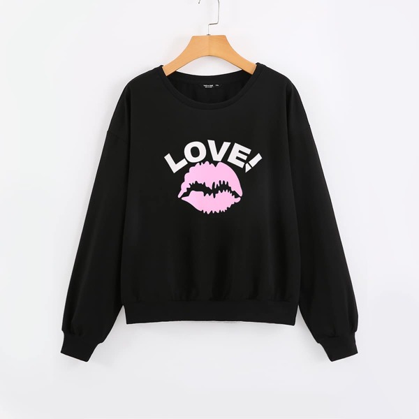 

Plus Letter & Lip Print Sweatshirt, Black