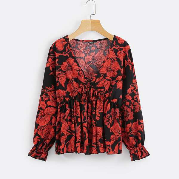 

Plus Floral Print Knot Babydoll Blouse, Multicolor