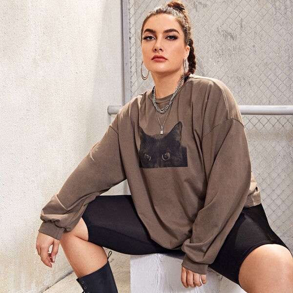 

Plus Drop Shoulder Cat Print Pullover, Mocha brown