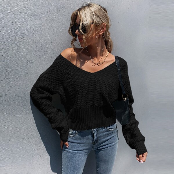 

Drop Shoulder Solid Sweater, Black