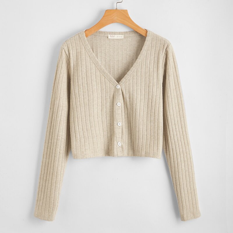 

Solid Button Front Ribbed Cardigan, Khaki