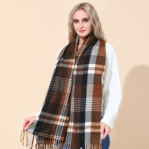 

Plaid Fringe Hem Scarf, Khaki