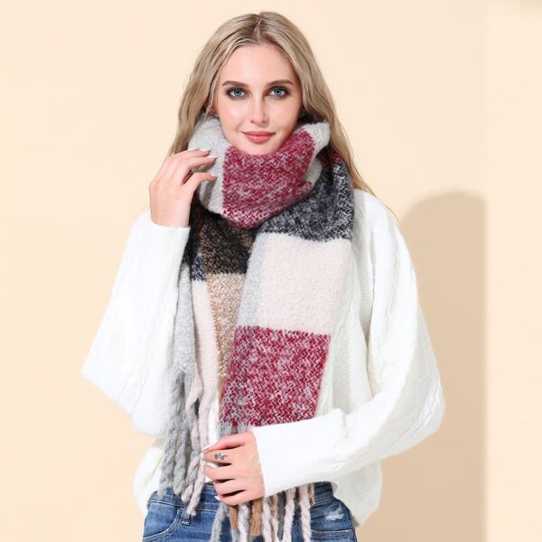 

Plaid Fringe Hem Scarf, Red