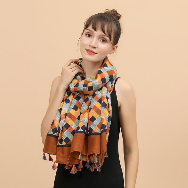 

Geo Pattern Tassel Hem Scarf, Multicolor