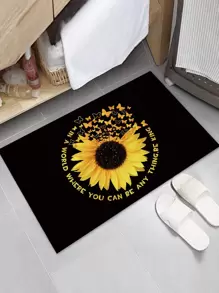 Sunflower Print Floor Mat - Black - View 1