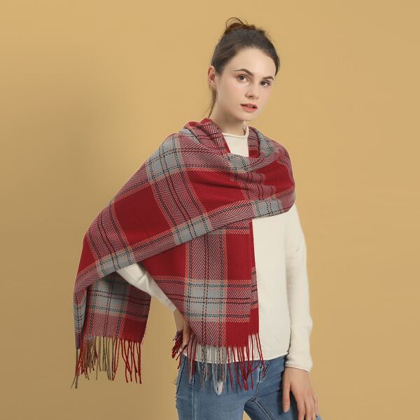 

Plaid Fringe Hem Scarf, Burgundy