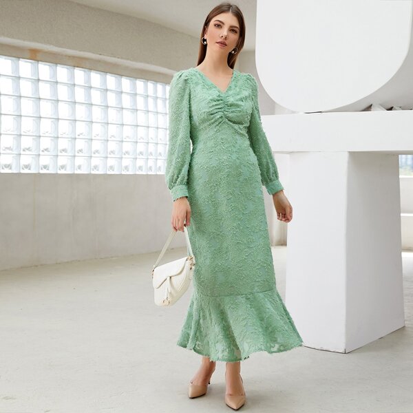 

V-neck Ruffle Hem Fitted Fuzzy Dress, Mint green