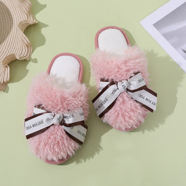 

Bow Decor Fluffy Slippers, Pink