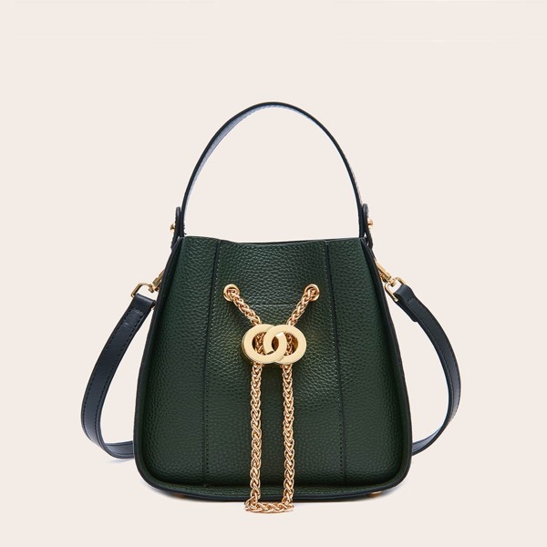

Metal Ring Decor Baguette Bag, Dark green