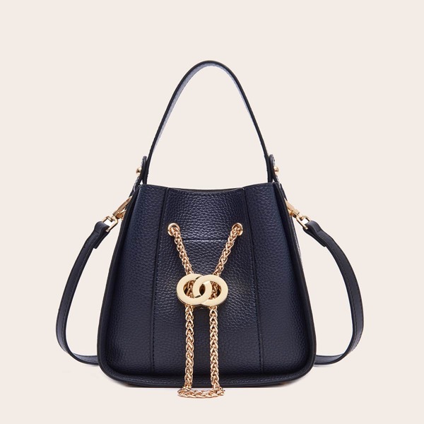 

Metal Ring Decor Baguette Bag, Blue
