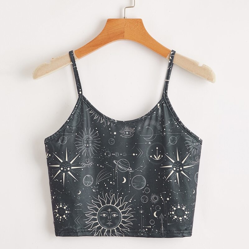 

Sun & Moon Print Crop Cami Top, Dark grey