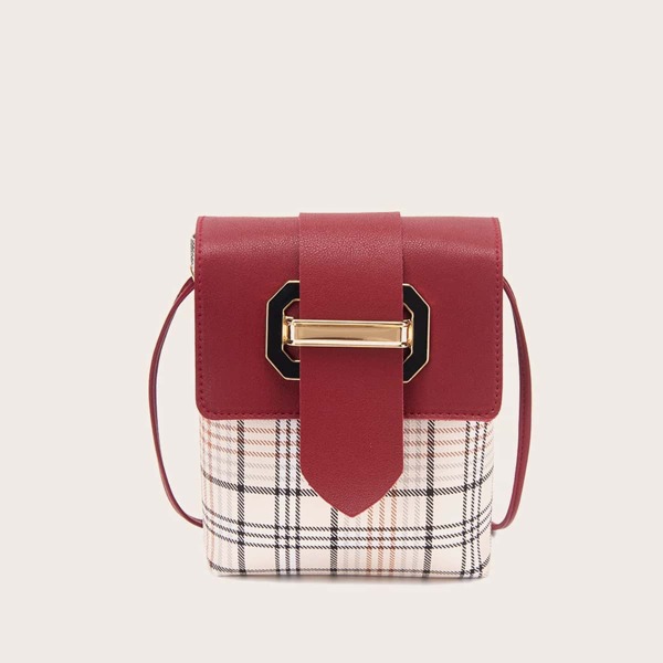 

Metal Decor Plaid Crossbody Bag, Red