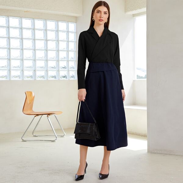 

Surplice Front Lapel Collar Spliced Dress, Multicolor