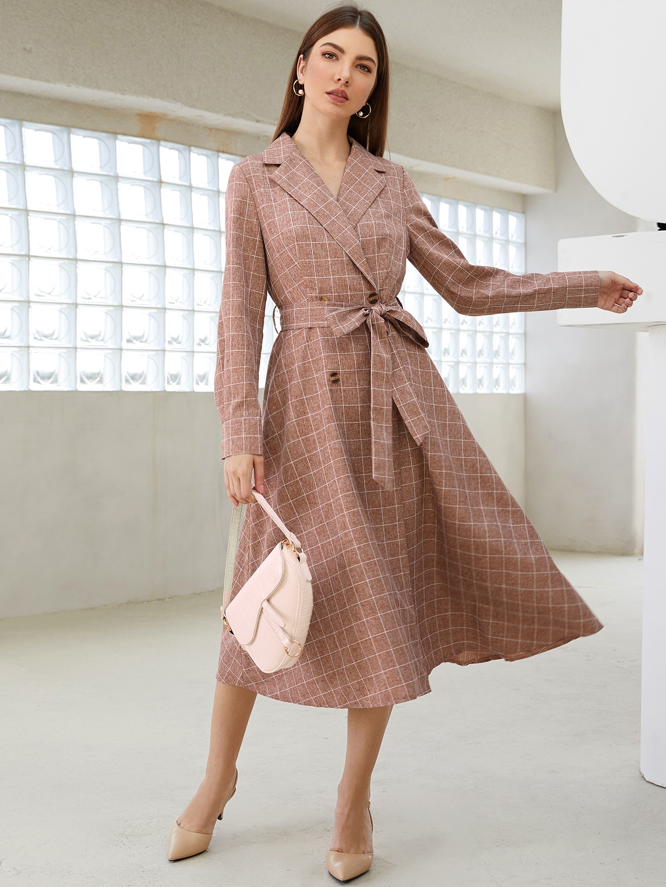 Lapel Collar Double Breasted Belted Plaid Dress thumbnail