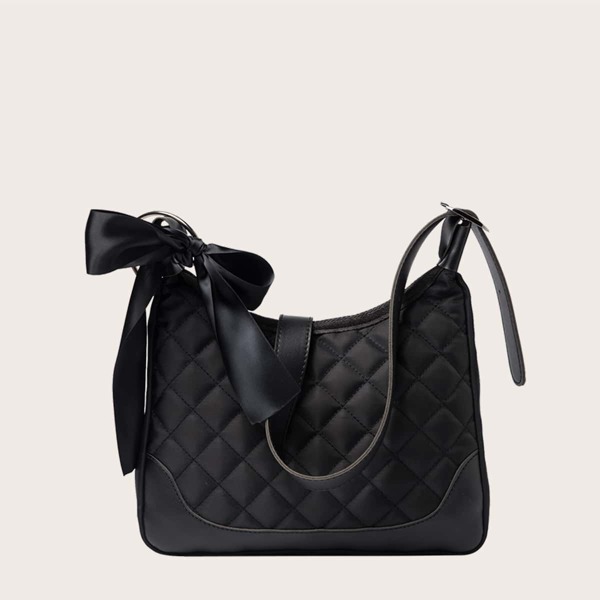 

Bow Decor Quilted Shoulder Bag, Black