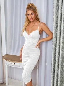 Einfarbiges figurbetontes Kleid mit Rüsche - Weiss - Übersicht 5