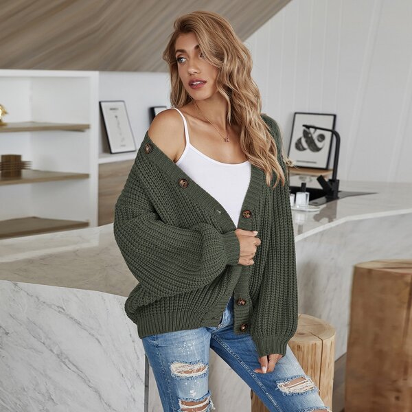 

Button Front Drop Shoulder Cardigan, Army green