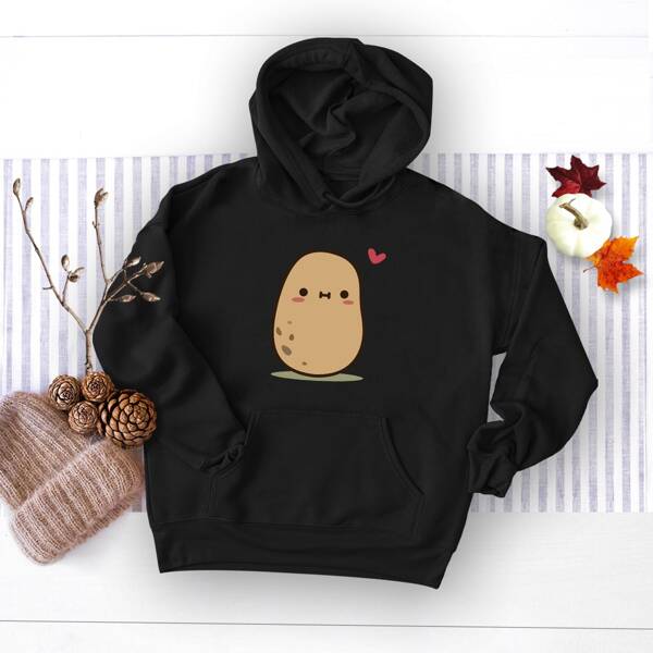 

Cartoon Graphic Fleece Lined Drawstring Hoodie, Black
