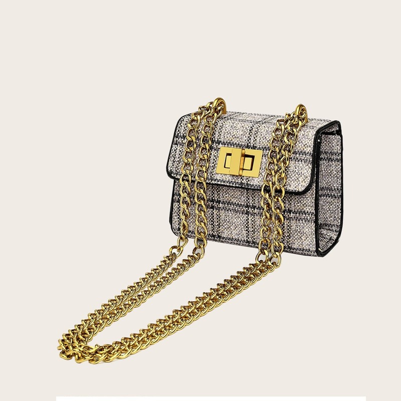 

Mini Plaid Turn-lock Shoulder Bag, Khaki
