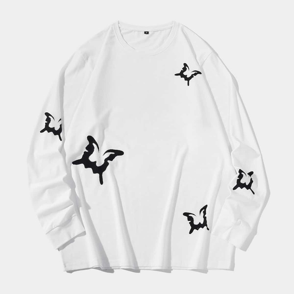 

Men Butterfly Print Crew Neck Tee, White