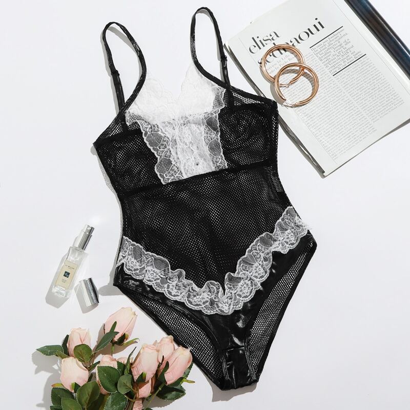 

Lace Trim Hollow Mesh Teddy Bodysuit, Black