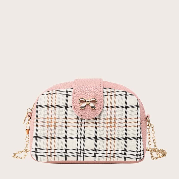 

Bow Decor Plaid Chain Bag, Pink