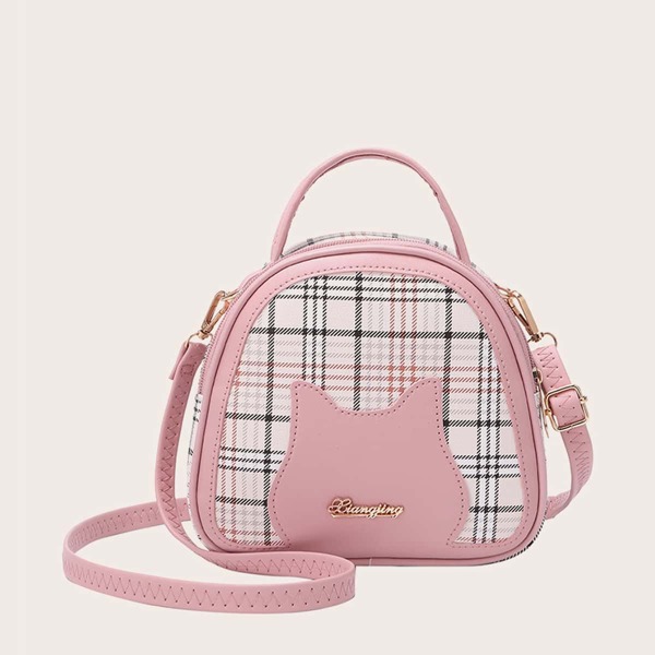 

Plaid Pattern Satchel Bag, Pink