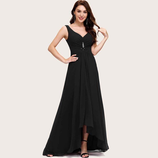 

Ruched Rhinestone Detail High Low Prom Dress, Black