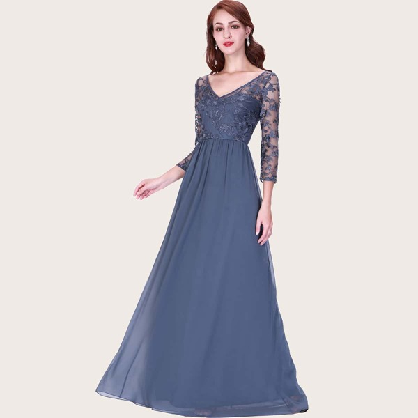 

Sheer Embroidered Mesh Bodice Prom Dress, Blue