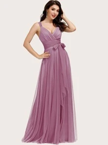 交叉領綁高腰網紗舞會連衣裙 - 粉色 - 查看 4