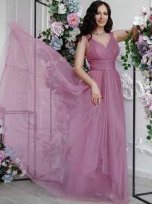 交叉領綁高腰網紗舞會連衣裙 - 粉色 - 查看 5