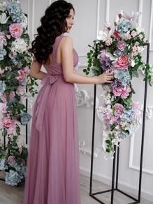 交叉領綁高腰網紗舞會連衣裙 - 粉色 - 查看 6